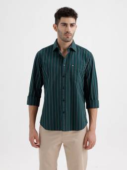 BASICS - Mens Stripes Green Full Sleeves Casual Shirt