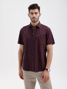 BASICS - Mens Stripes Wine Half Sleeves Casual Shirt