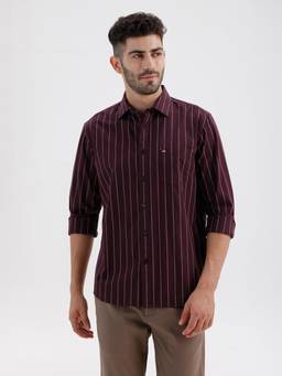 BASICS - Mens Stripes Wine Full Sleeves Casual Shirt