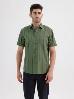 BASICS - Mens Stripes Green Half Sleeves Casual Shirt
