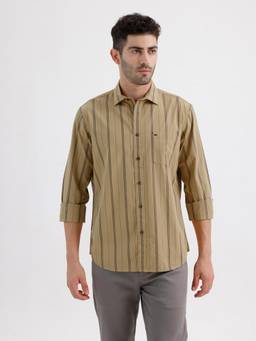 BASICS - Mens Stripes Khaki Full Sleeves Casual Shirt