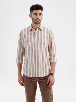BASICS - Mens Stripes Brown Full Sleeves Casual Shirt
