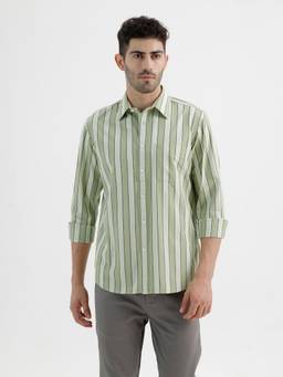 BASICS - Mens Stripes Green Full Sleeves Casual Shirt