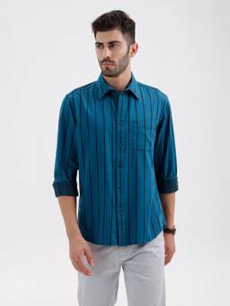 BASICS - Mens Twill Stripes Blue Full Sleeves Casual Shirt