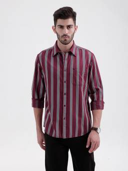 BASICS - Mens Twill Stripes Maroon Full Sleeves Casual Shirt