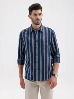 BASICS - Mens Twill Stripes Blue Full Sleeves Casual Shirt