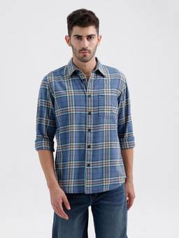 BASICS - Mens Twill Checks Blue Full Sleeves Casual Shirt