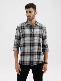 BASICS - Mens Twill Checks Grey Full Sleeves Casual Shirt