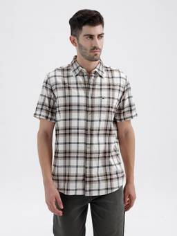 BASICS - Mens Twill Checks Cream Half Sleeves Casual Shirt