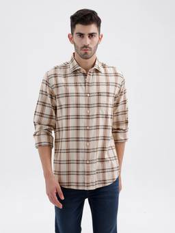 BASICS - Mens Twill Checks Beige Full Sleeves Casual Shirt