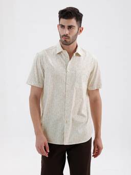 BASICS - Mens Printed Cream Half Sleeves Casual Shirt