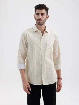 BASICS - Mens Printed Khaki Full Sleeves Casual Shirt