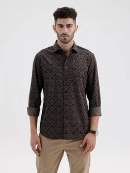BASICS - Mens Printed Brown Full Sleeves Casual Shirt