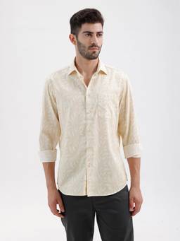 BASICS - Mens Printed Beige Full Sleeves Casual Shirt