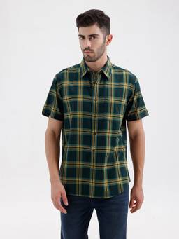 BASICS - Mens Twill Checks Green Half Sleeves Casual Shirt