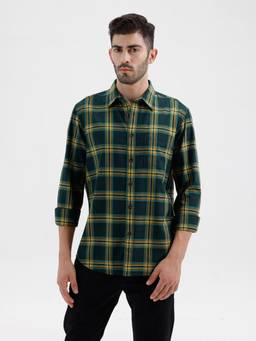 BASICS - Mens Twill Checks Green Full Sleeves Casual Shirt