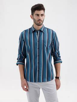 BASICS - Mens Twill Stripes Blue Full Sleeves Casual Shirt