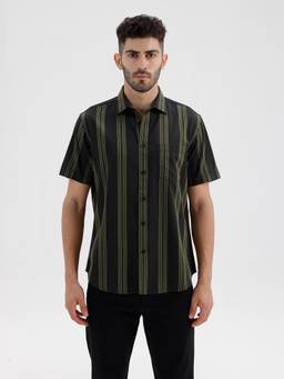 BASICS - Mens Twill Stripes Green Half Sleeves Casual Shirt