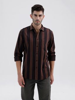 BASICS - Mens Twill Stripes Brown Full Sleeves Casual Shirt