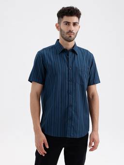 BASICS - Mens Herringbone Stripes Navy Blue Half Sleeves Casual Shirt