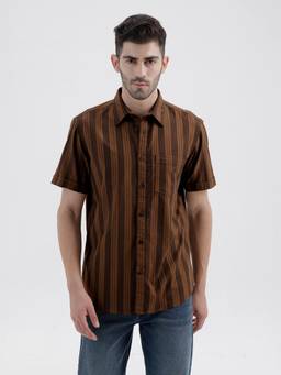 BASICS - Mens Herringbone Stripes Brown Half Sleeves Casual Shirt