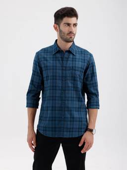 BASICS - Mens Herringbone Checks Blue Full Sleeves Casual Shirt