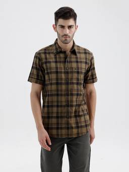 BASICS - Mens Herringbone Checks Brown Half Sleeves Casual Shirt