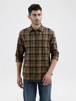 BASICS - Mens Herringbone Checks Brown Full Sleeves Casual Shirt
