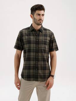 BASICS - Mens Herringbone Checks Olive Half Sleeves Casual Shirt