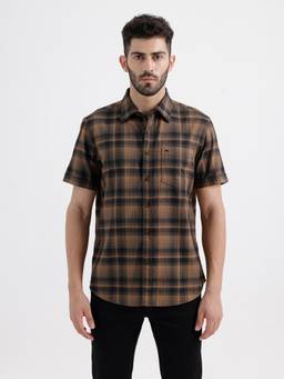 BASICS - Mens Herringbone Checks Brown Half Sleeves Casual Shirt