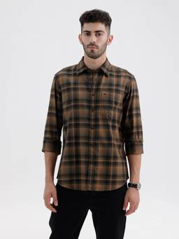 BASICS - Mens Herringbone Checks Brown Full Sleeves Casual Shirt