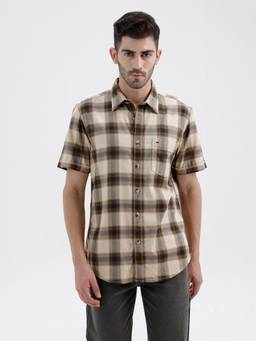 BASICS - Mens Herringbone Checks Beige Half Sleeves Casual Shirt