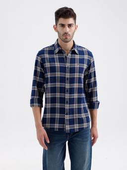 BASICS - Mens Dobby Checks Navy Blue Full Sleeves Casual Shirt