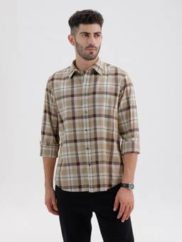 BASICS - Mens Dobby Checks Beige Full Sleeves Casual Shirt
