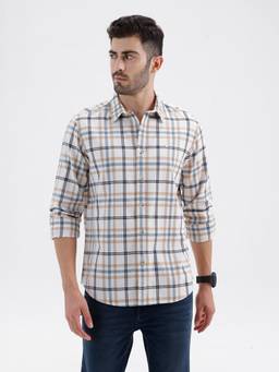 BASICS - Mens Dobby Checks Cream Full Sleeves Casual Shirt
