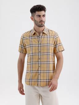 BASICS - Mens Dobby Checks Mustard Half Sleeves Casual Shirt