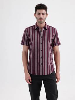 BASICS - Mens Dobby Stripes Maroon Half Sleeves Casual Shirt