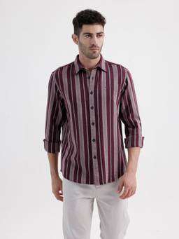 BASICS - Mens Dobby Stripes Maroon Full Sleeves Casual Shirt