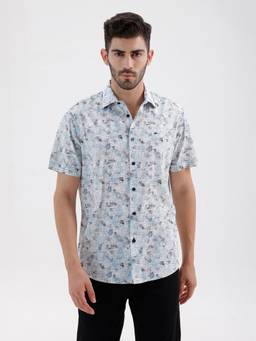 BASICS - Mens Printed Blue Half Sleeves Casual Shirt