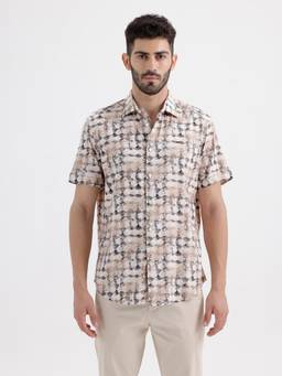 BASICS - Mens Printed Brown Half Sleeves Casual Shirt