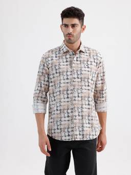 BASICS - Mens Printed Brown Full Sleeves Casual Shirt