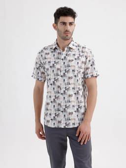 BASICS - Mens Printed Off White Half Sleeves Casual Shirt
