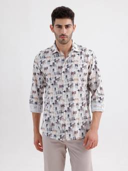 BASICS - Mens Printed Off White Full Sleeves Casual Shirt