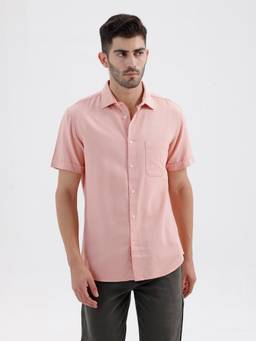 BASICS - Mens Dobby Textured Peach Half Sleeves Casual Shirt