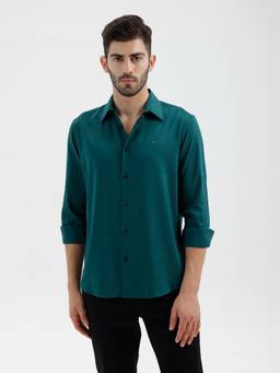 BASICS - Mens Dobby Solid Teal Full Sleeves Casual Shirt