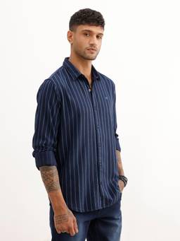 WROGN - Mens Stripes Navy Blue Full Sleeves Casual Shirt