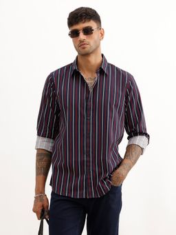 WROGN - Mens Stripes Navy Blue Full Sleeves Casual Shirt