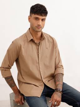 WROGN - Mens Solid Khaki Full Sleeves Casual Shirt