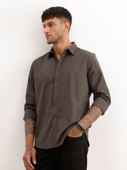 WROGN - Mens Solid Grey Full Sleeves Casual Shirt