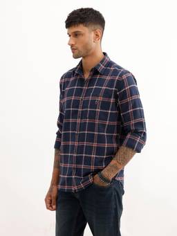 WROGN - Mens Checks Navy Blue Full Sleeves Casual Shirt